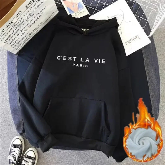 2026 Autumn Winter Women Fleece Hoodies Thick Warm Female Long Sleeve Hooded Sweatshirts Casual Print Lady Loose Pullover Tops