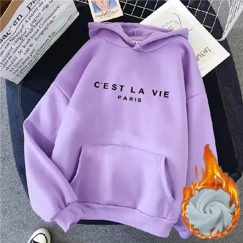 2026 Autumn Winter Women Fleece Hoodies Thick Warm Female Long Sleeve Hooded Sweatshirts Casual Print Lady Loose Pullover Tops