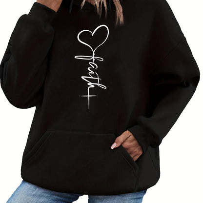 Women's autumn and winter warm and loose🥰 casual heart-shaped❤️ cross pattern printed velvet long sleeved hooded sweatshirt