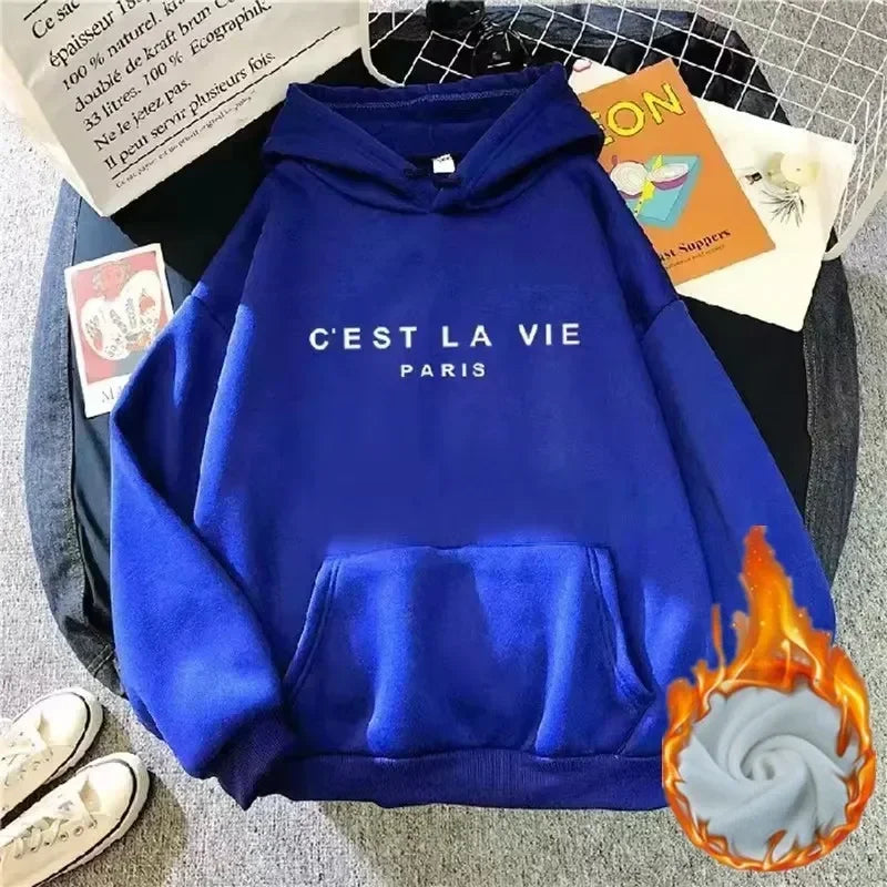 2026 Autumn Winter Women Fleece Hoodies Thick Warm Female Long Sleeve Hooded Sweatshirts Casual Print Lady Loose Pullover Tops