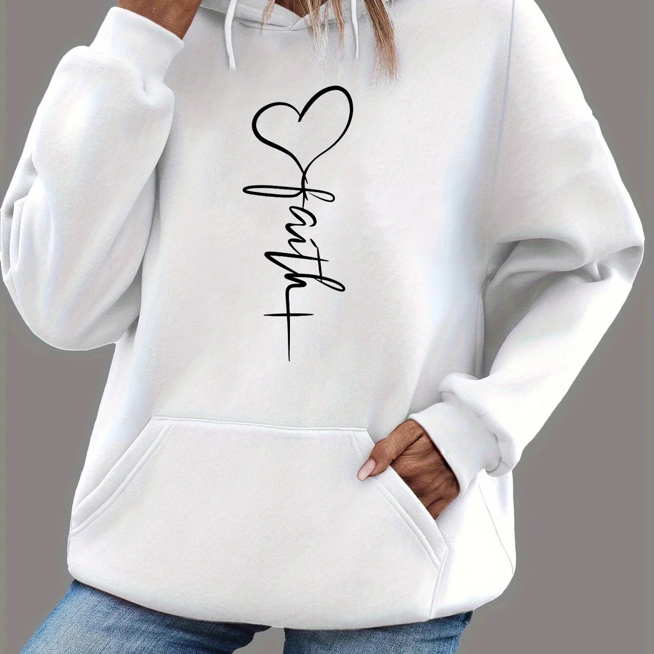 Women's autumn and winter warm and loose🥰 casual heart-shaped❤️ cross pattern printed velvet long sleeved hooded sweatshirt