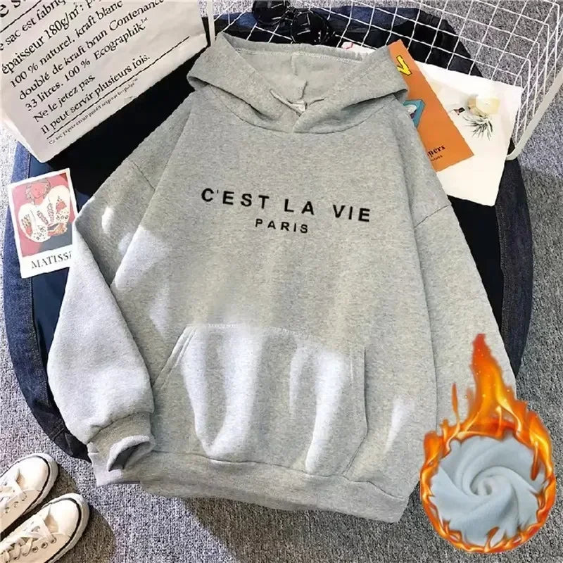 2026 Autumn Winter Women Fleece Hoodies Thick Warm Female Long Sleeve Hooded Sweatshirts Casual Print Lady Loose Pullover Tops